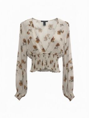 Forever 21 Cream Floral Long-Sleeve Smocked Crop Top